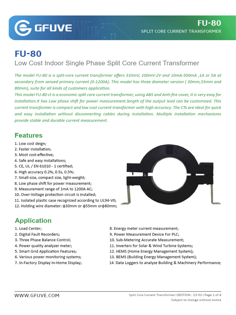 FU 80 Split Core Current Transformer GFUVE | PDF | Transformer ...