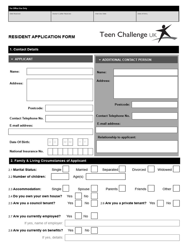 Resident Application Form for Teen Challenge | PDF | Mental Health ...