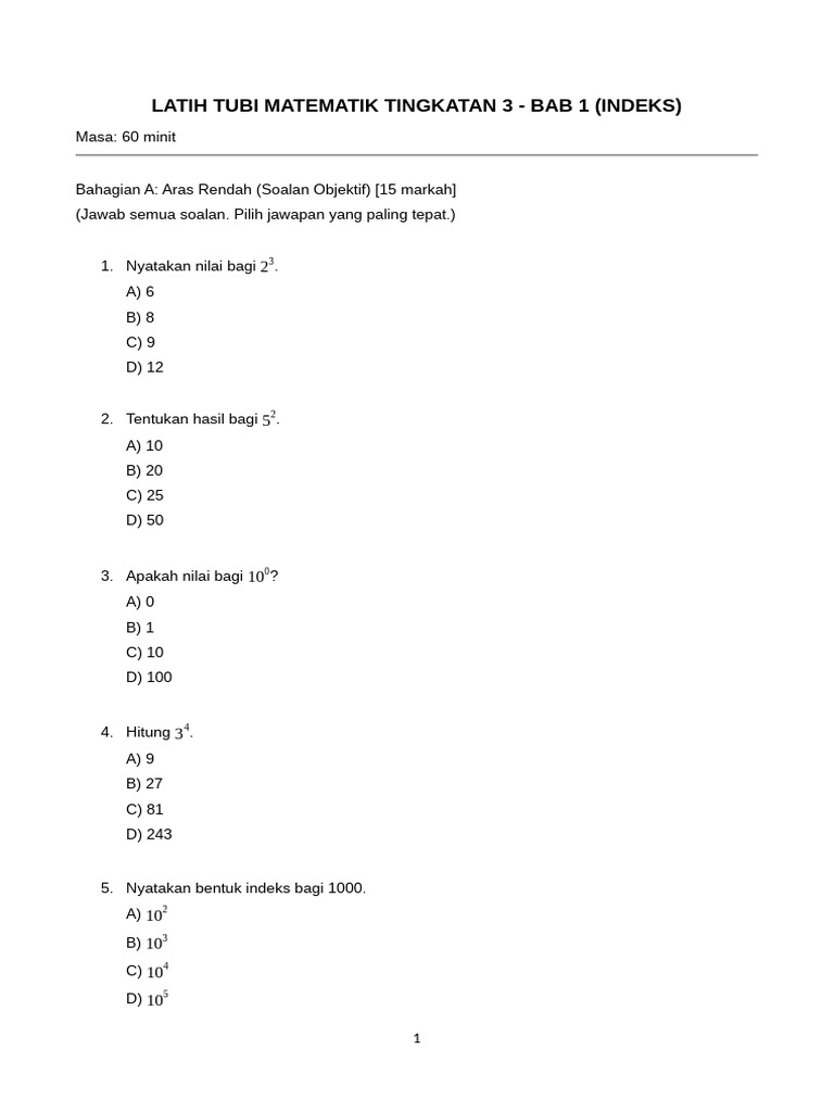 Latih Tubi Matematik Tingkatan 3 - Bab Indeks | PDF