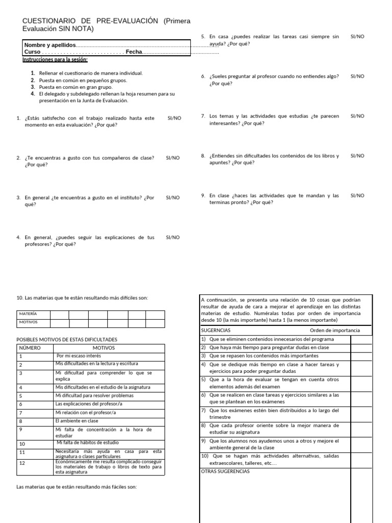Cuestionario de Pre-evaluación Escolar | PDF | Aprendizaje