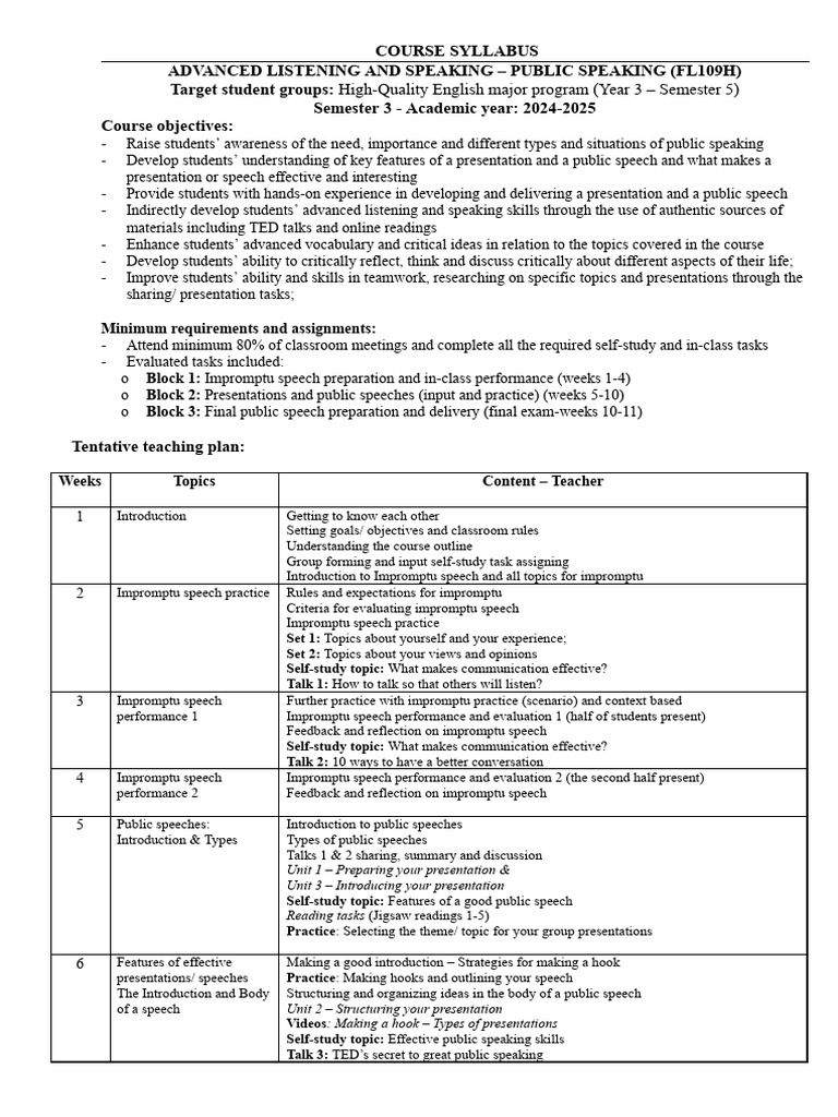 Advanced Public Speaking Syllabus | PDF | Public Speaking | Learning