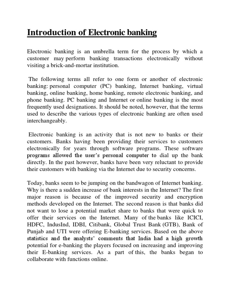 Introduction of Electronic Banking PDF Online Banking Banks & Banking