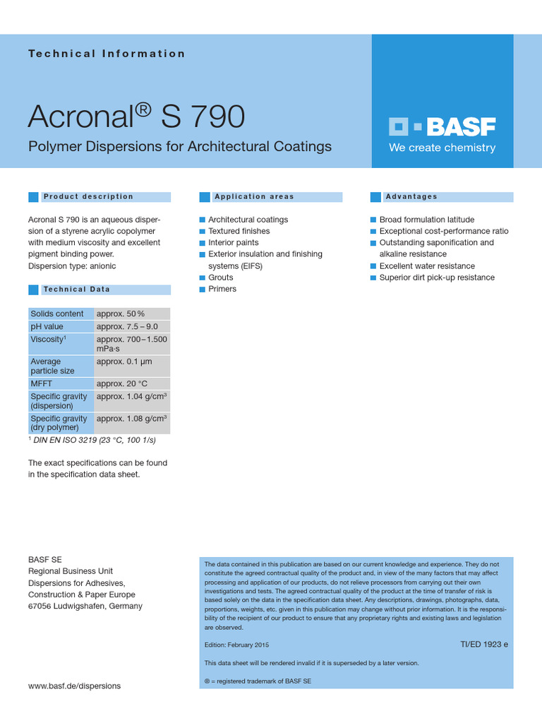 Acronal S 790 Technical Data Sheet | PDF | Paint | Materials
