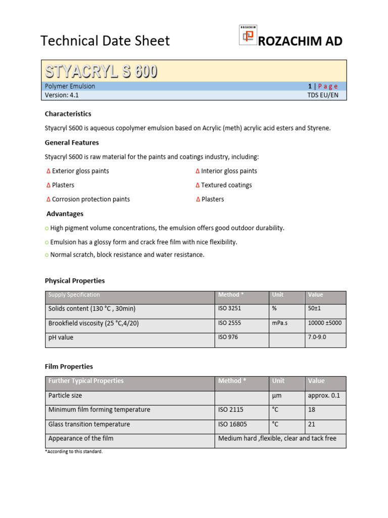 Styacryl S600 Technical Data Sheet | PDF | Paint | Acrylic Paint