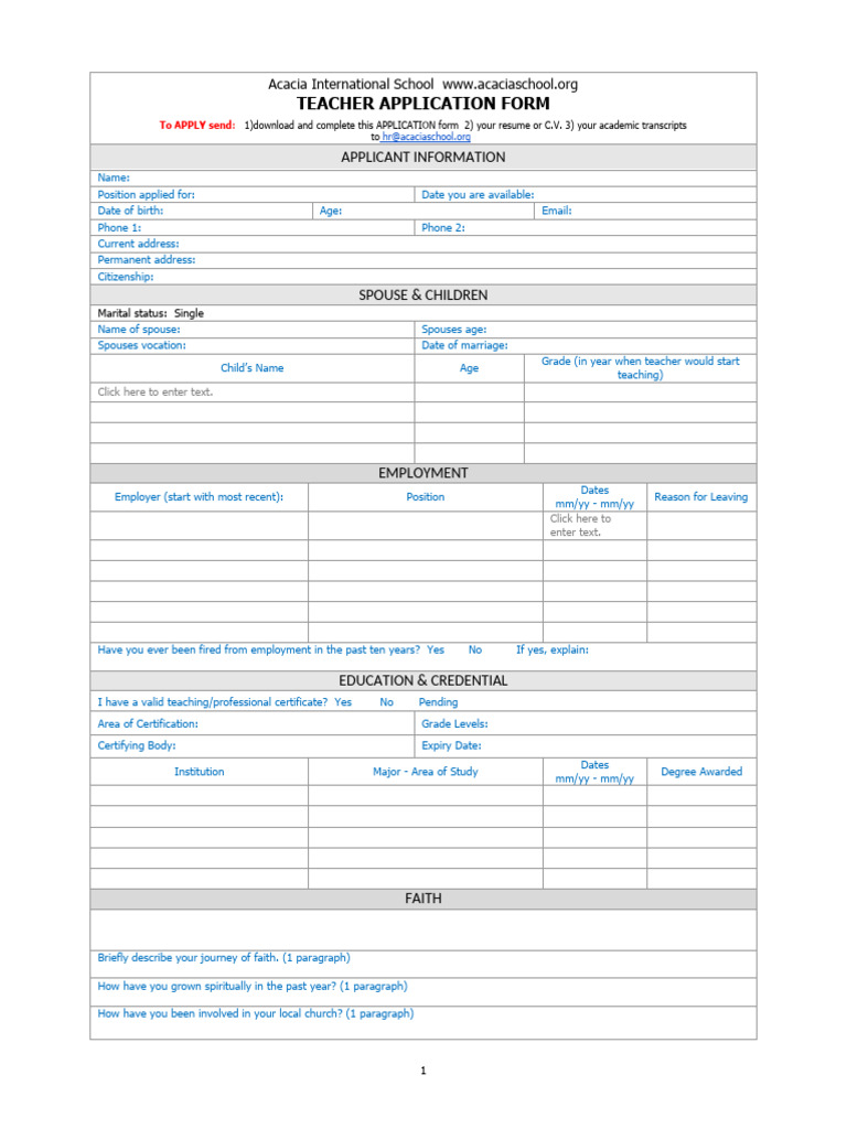 Acacia School Teacher Application Form | PDF | Jesus | God In Christianity