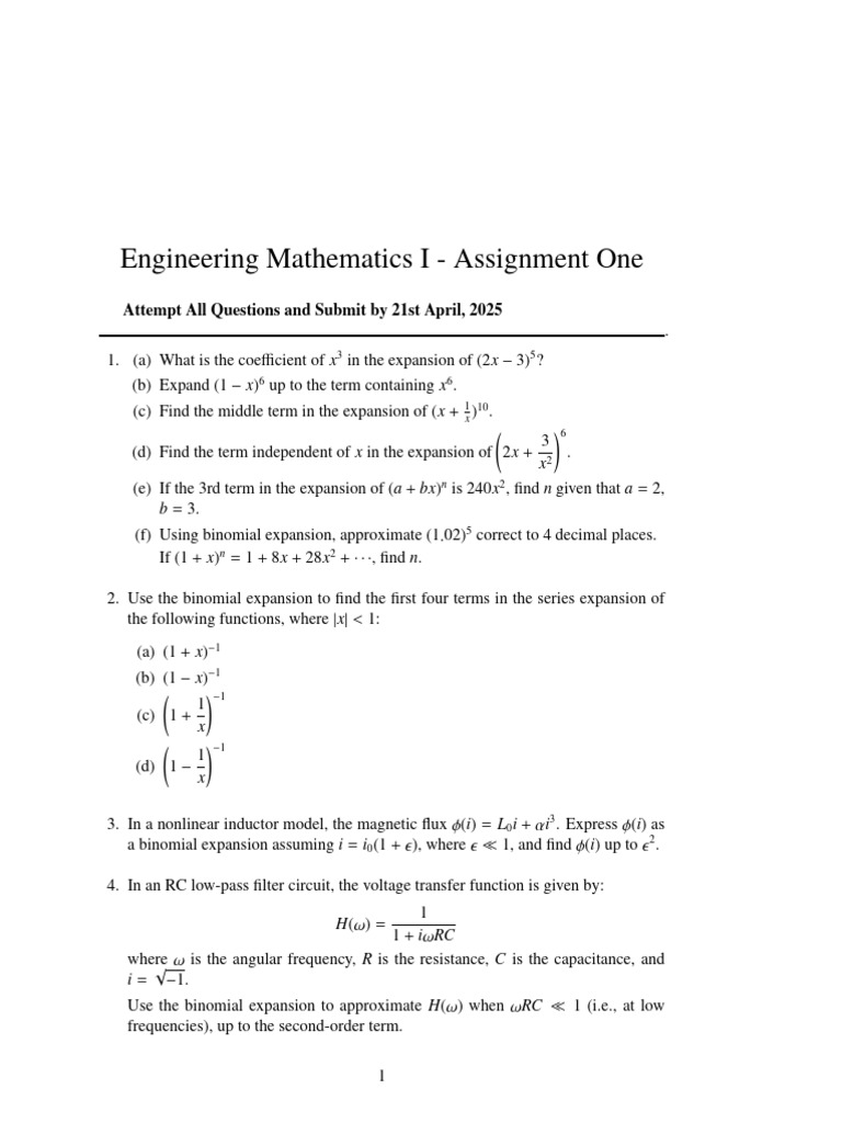 Engineering Mathematics I - Assignment One: Attempt All Questions and ...
