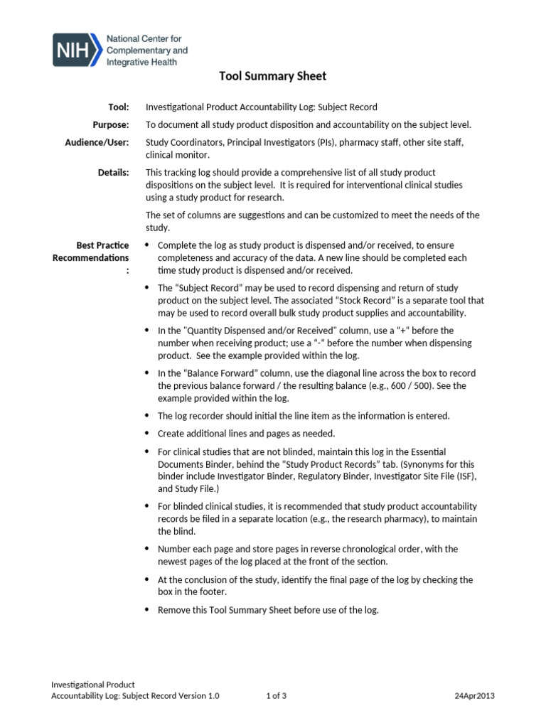 IP Accountability Log for Clinical Trials | PDF | Clinical Trial ...