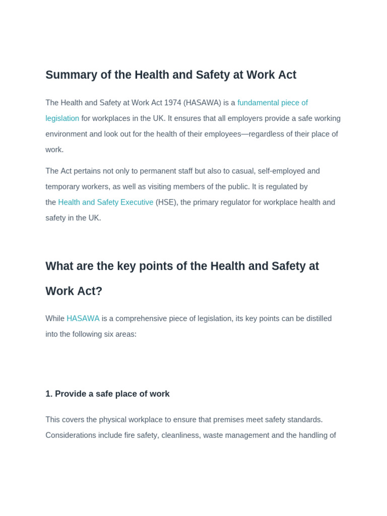 Summary of The Health and Safety at Work Act | PDF | Occupational ...