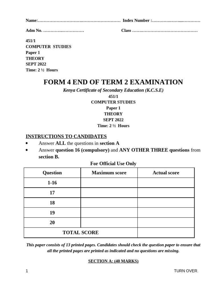 K.C.S.E Form 4 Computer Studies Exam 2022 | PDF | Programming Language ...