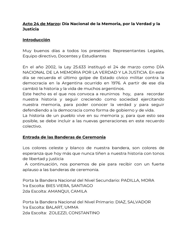 Acto 24 de Marzo 2025 - Día Nacional de La Memoria, Por La Verdad y La ...
