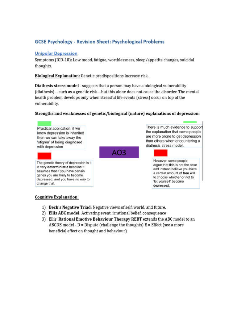 Psychological Problems Revision Sheet | PDF | Cognitive Behavioral ...