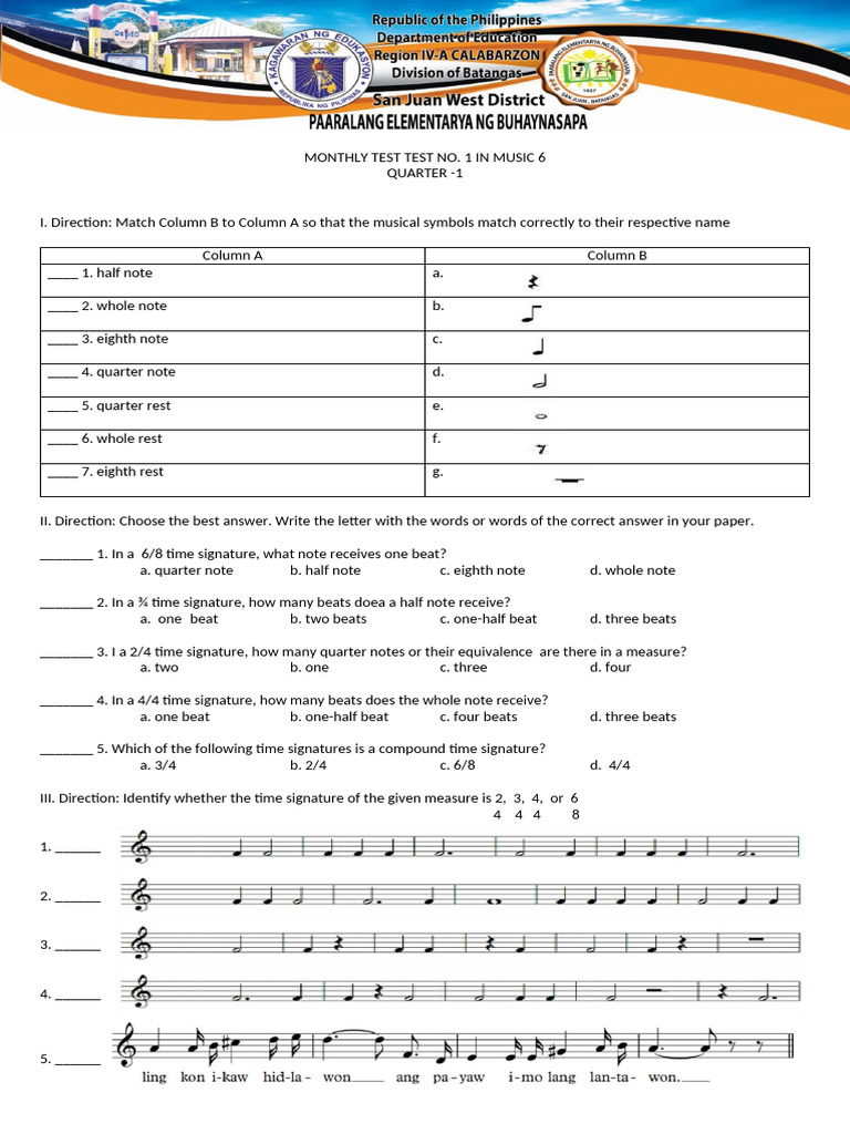 Music Test: Note Values & Time Signatures | PDF