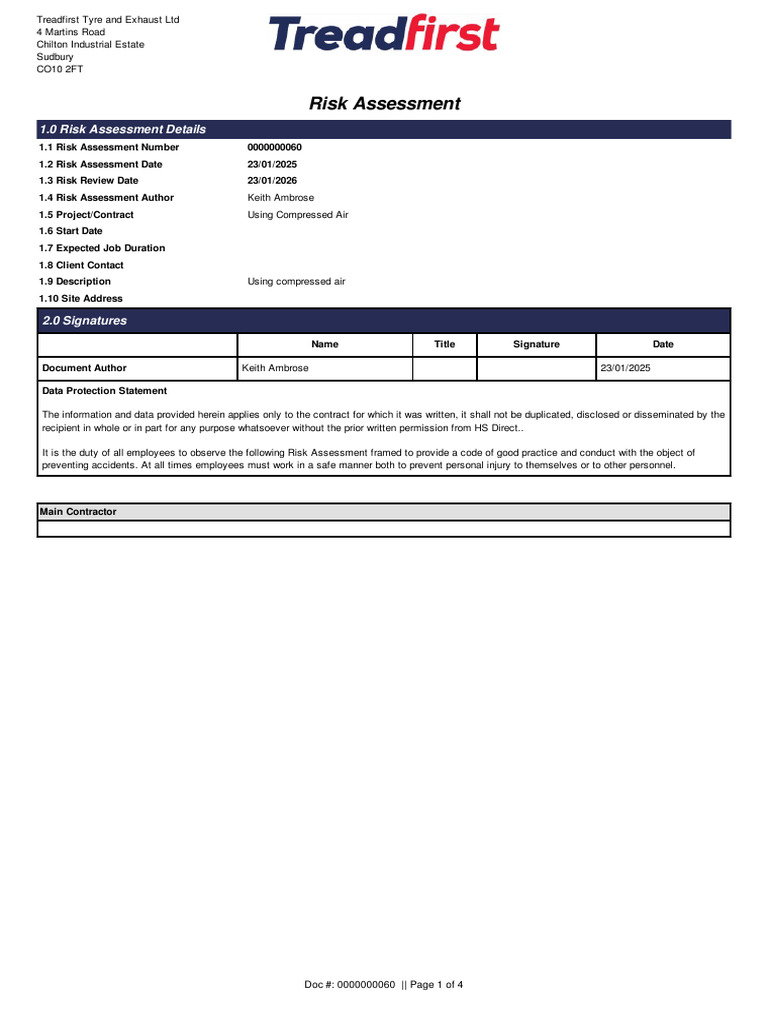 Compressed Air Risk Assessment Document | PDF | Hazards | Risk Assessment