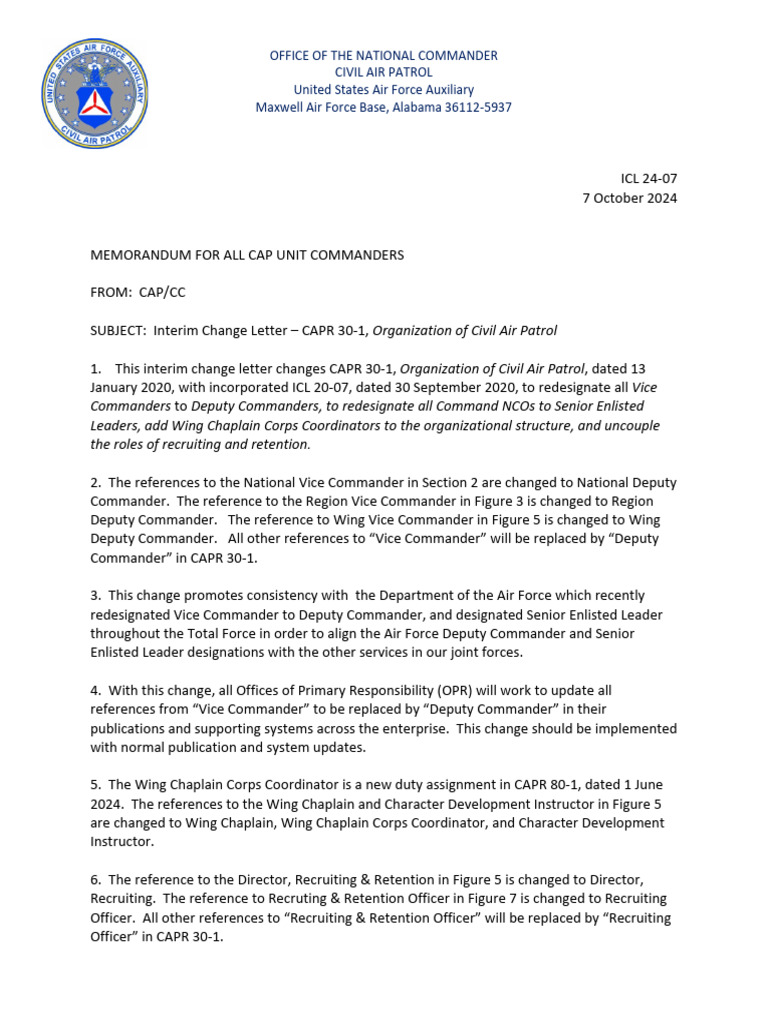 CAPR 30-1 Interim Change Letter | PDF | Civil Air Patrol | Non ...