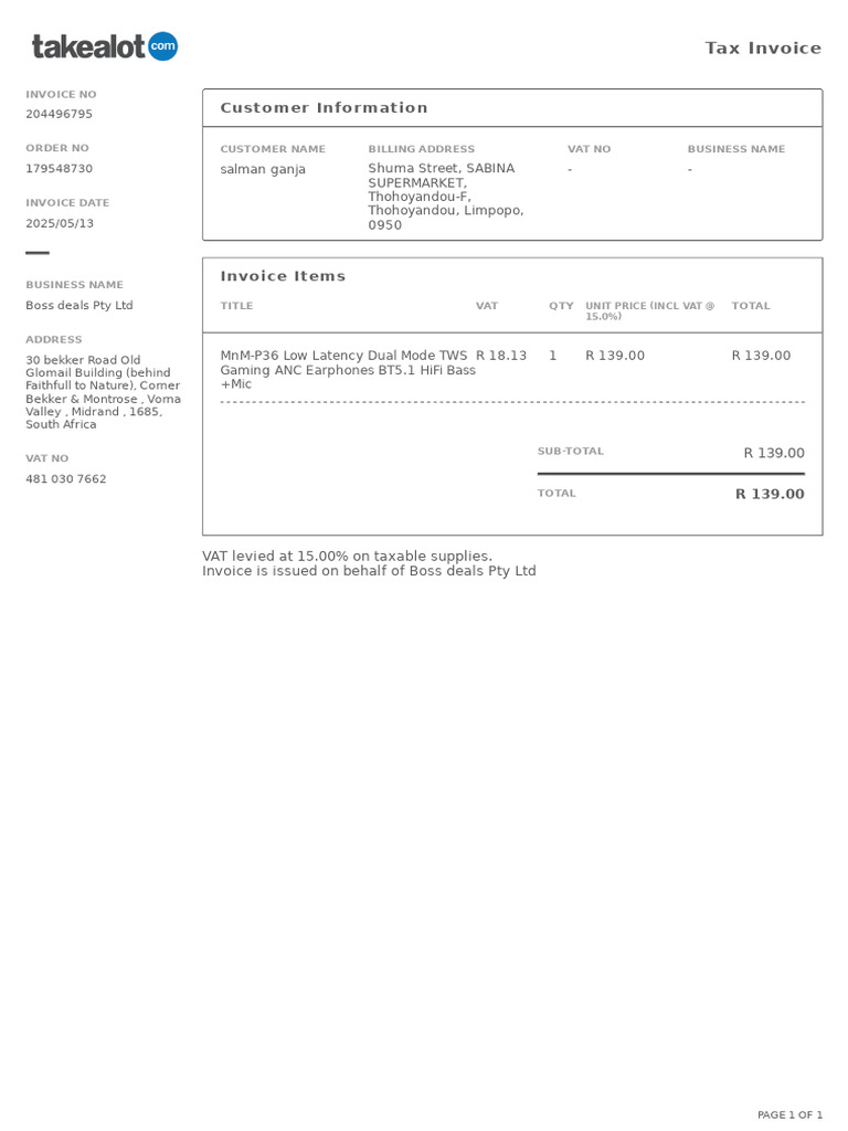 Tax Invoice for Boss Deals Pty Ltd | PDF