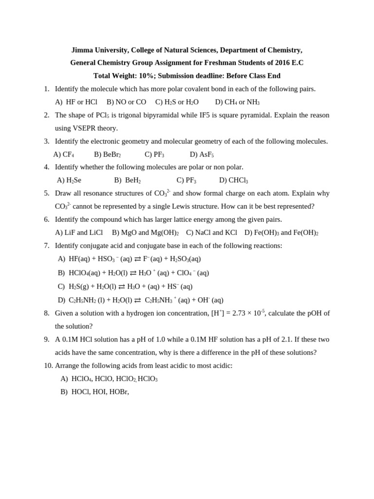 General Chemistry Assignment 2016E.C | PDF