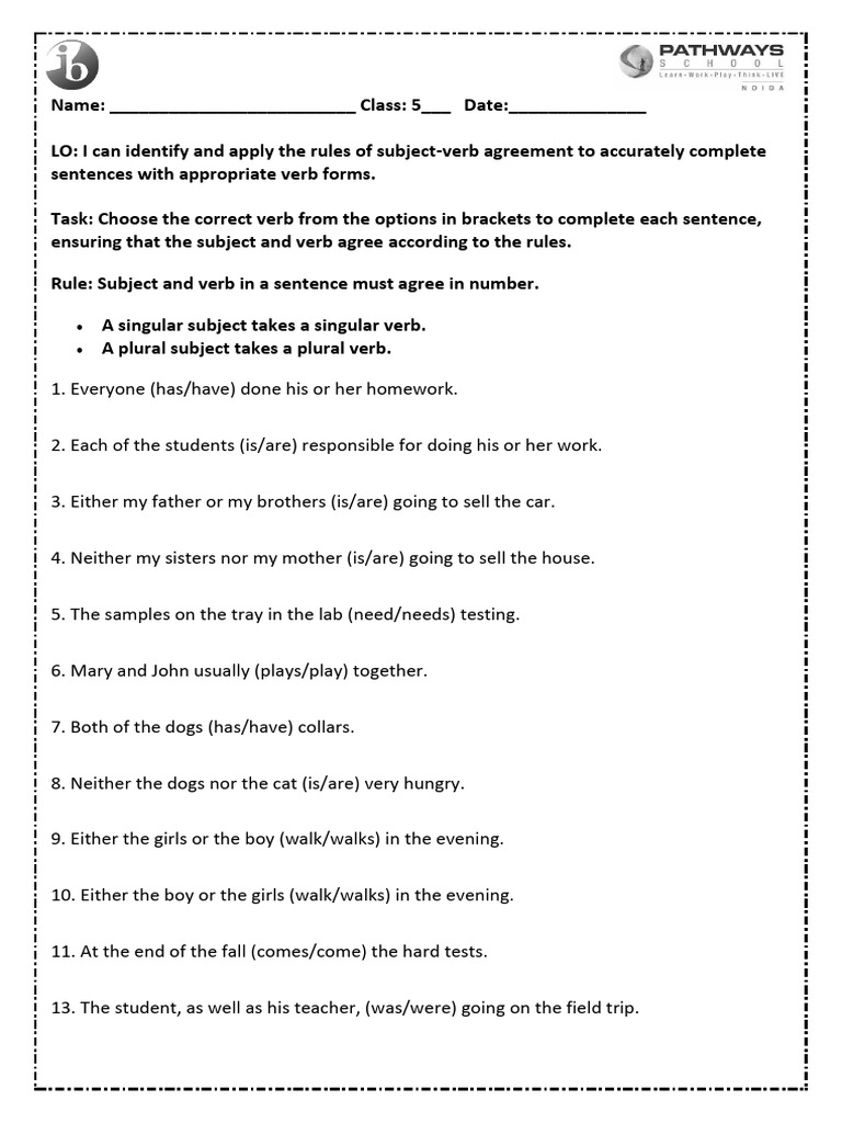 HW - Subject Verb Agreement | PDF | Subject (Grammar) | Grammatical Number