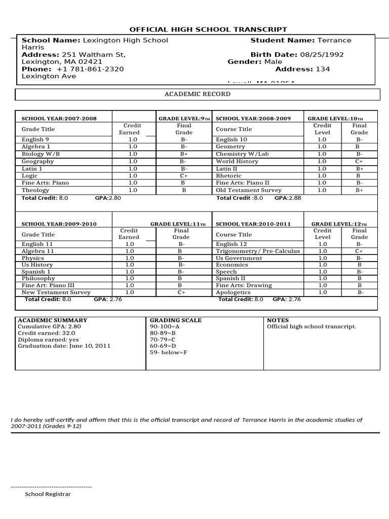 Lexington High School Transcript | PDF