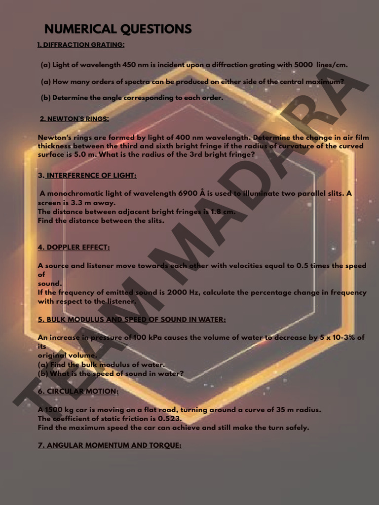 Physics Numerical Problems and Solutions | PDF | Force | Wavelength