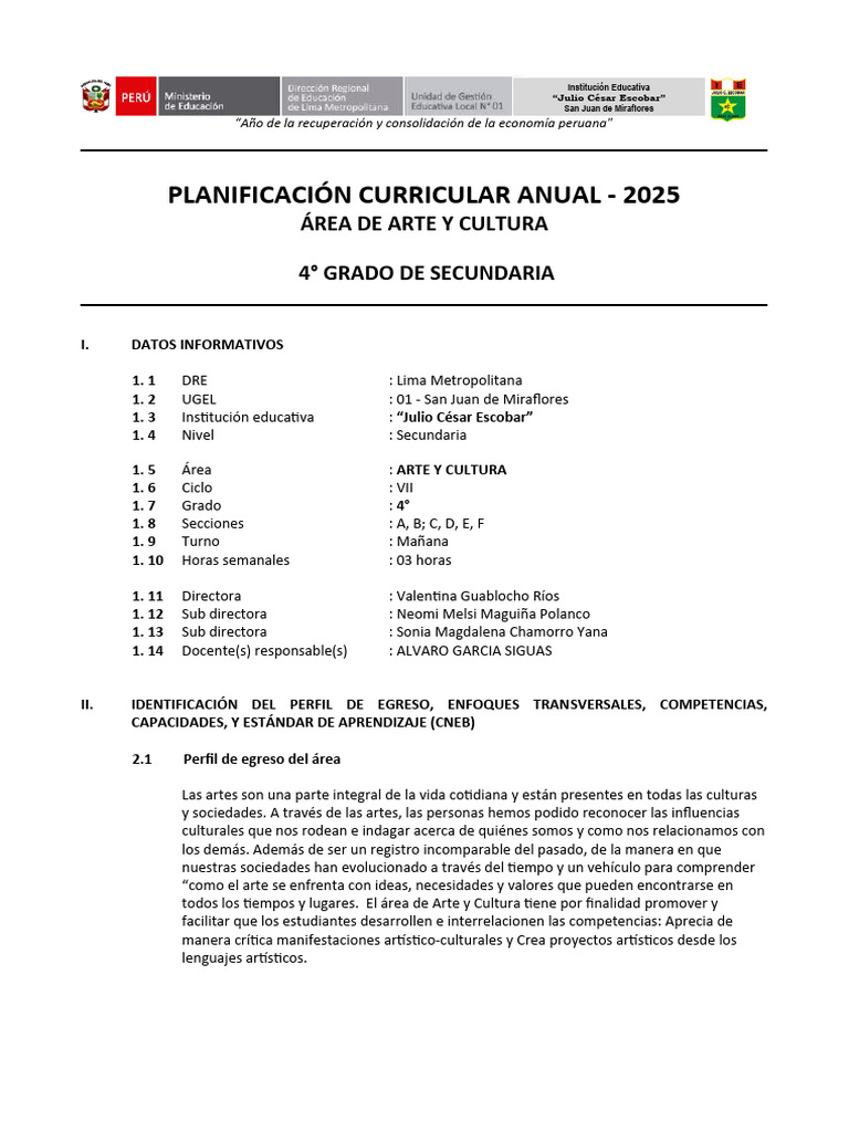 Planificación Anual 4° grado JCE 2025 | PDF | Evaluación | Aprendizaje