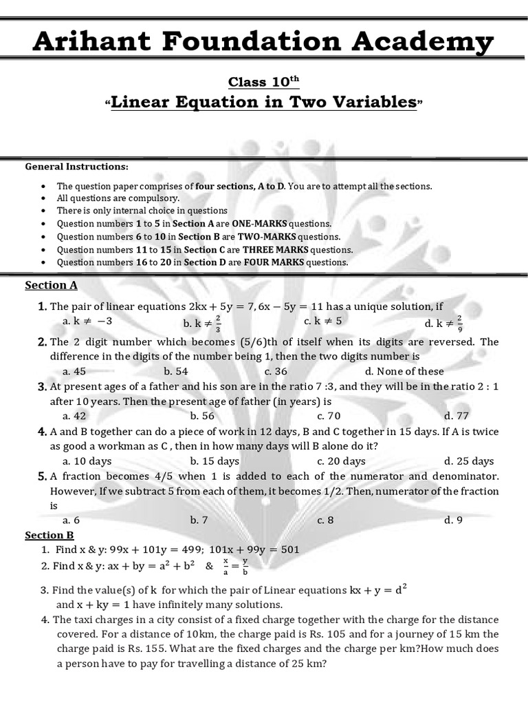 Class 10 Linear Equation In Two Variable Pdf Area Mathematics