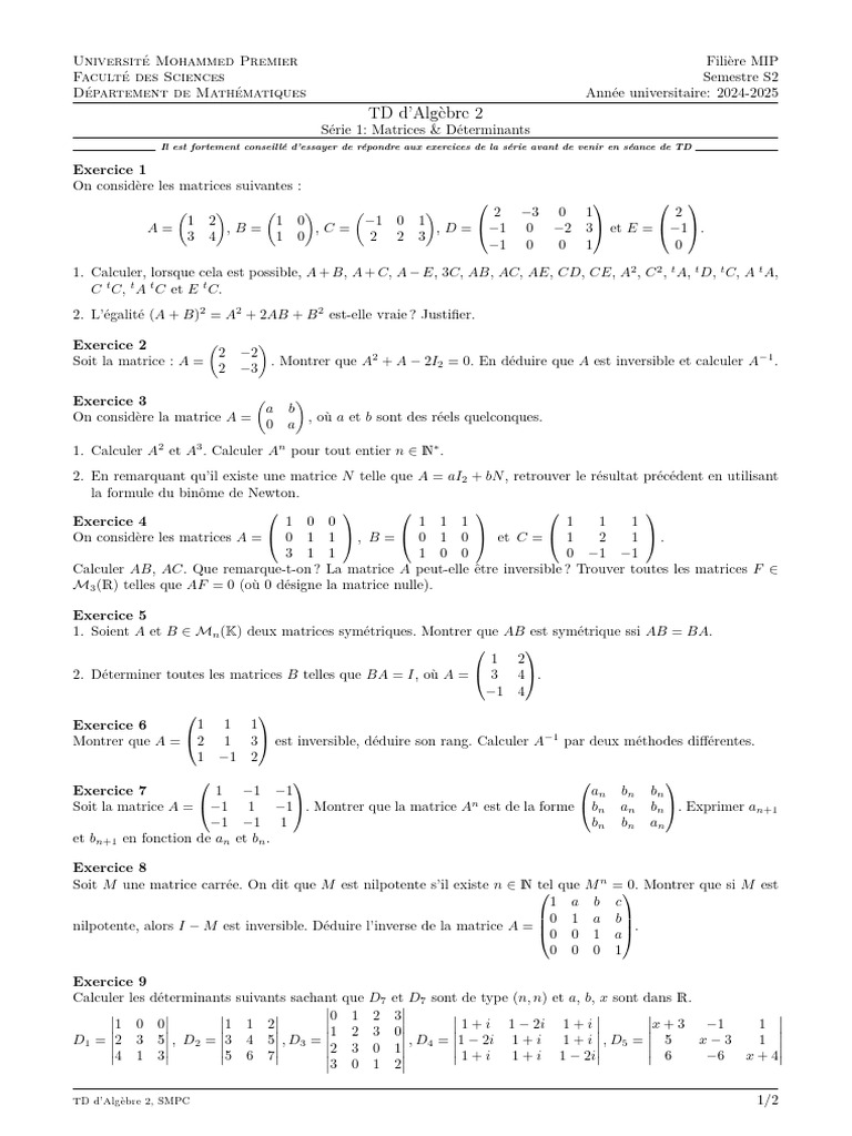 TD Algèbre 2 : Matrices et Déterminants | PDF | Matrice (Mathématiques ...