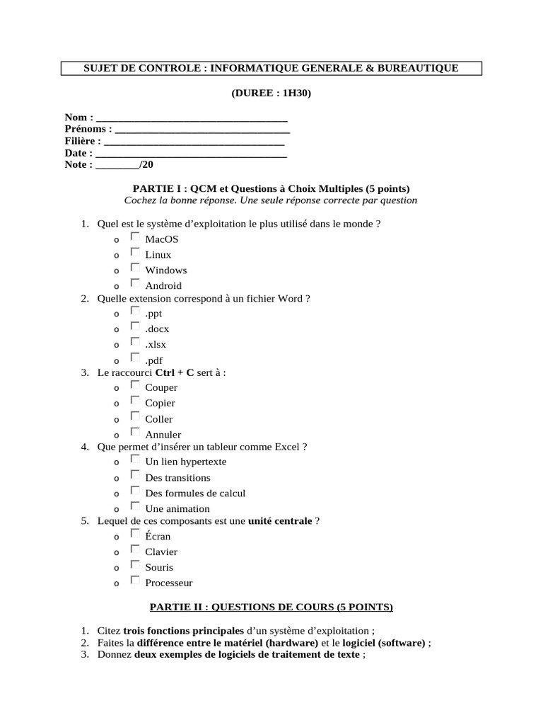Contrôle Informatique Générale et Bureautique | PDF