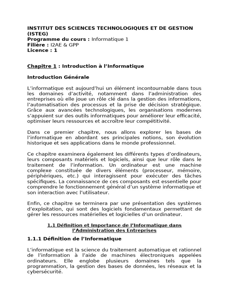 Introduction à l'Informatique 1 | PDF | Système d'exploitation ...