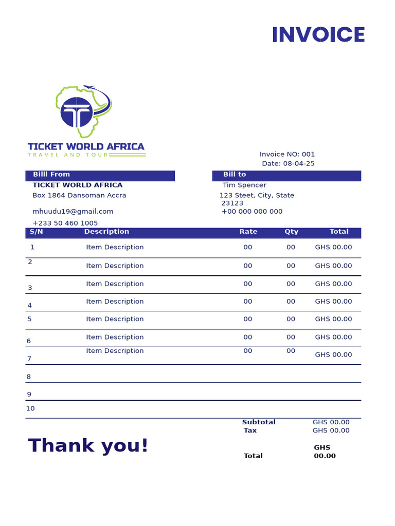 Invoice 001 - Ticket World Africa | PDF