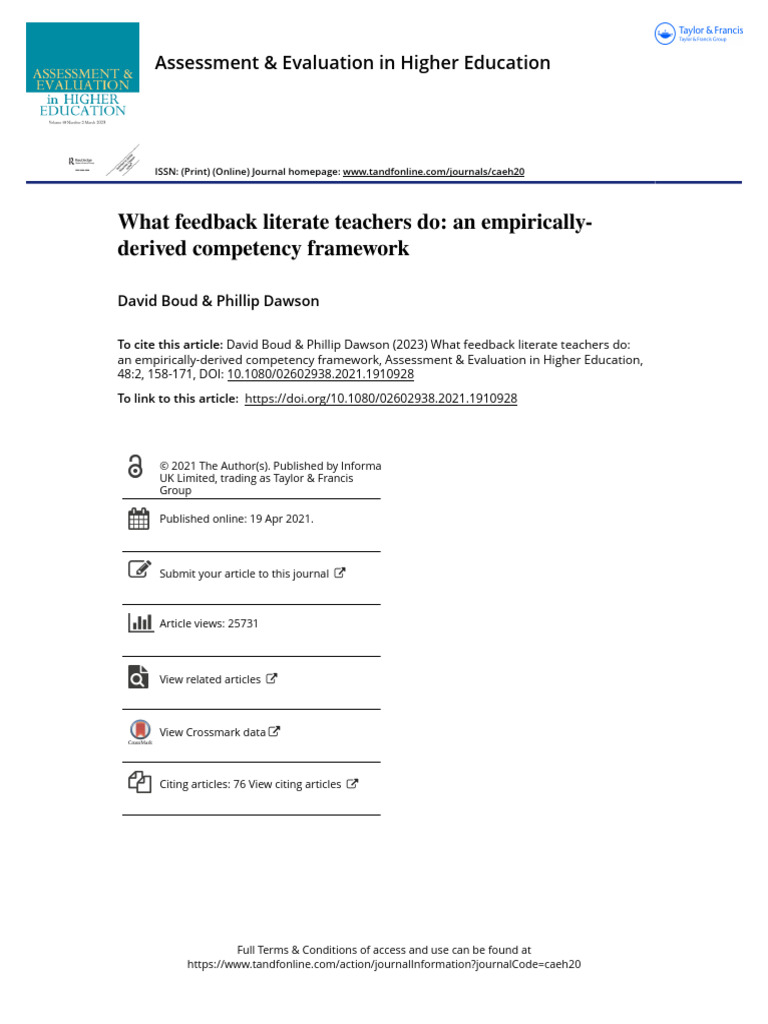 Teacher Feedback Literacy Framework | PDF | Cognition | Learning