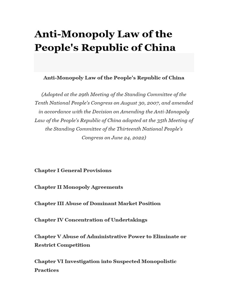 China Anti-Monopoly Law Overview | PDF | Competition Law | Monopoly