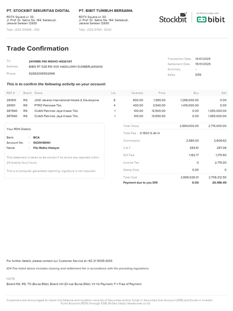 Trade Confirmation for PTRO and RDN BCA | PDF | Market (Economics ...