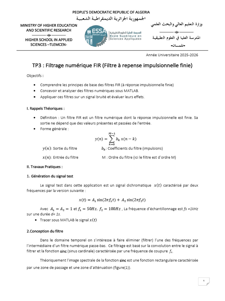 Filtrage Numérique FIR avec MATLAB | PDF | Filtre (électronique ...