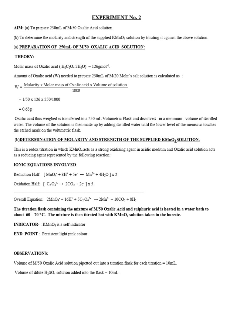 M/50 Oxalic Acid Titration with KMnO4 | PDF | Titration | Chemistry