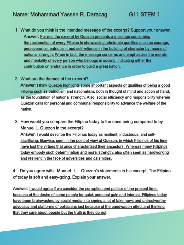 Analyzing Quezon's Message on Filipino Identity | PDF