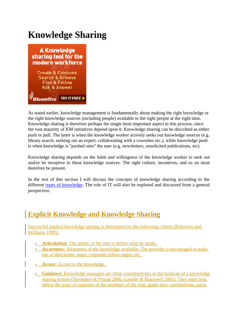 Knowledge Sharing in Organizations | PDF | Knowledge | Knowledge Management