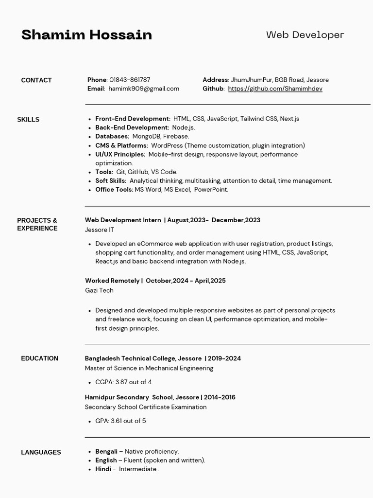 Web Developer Profile: Skills & Experience | PDF