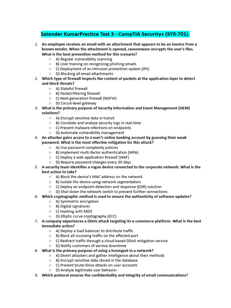 CompTIA Security+ Practice Test 3 | PDF | Malware | Security