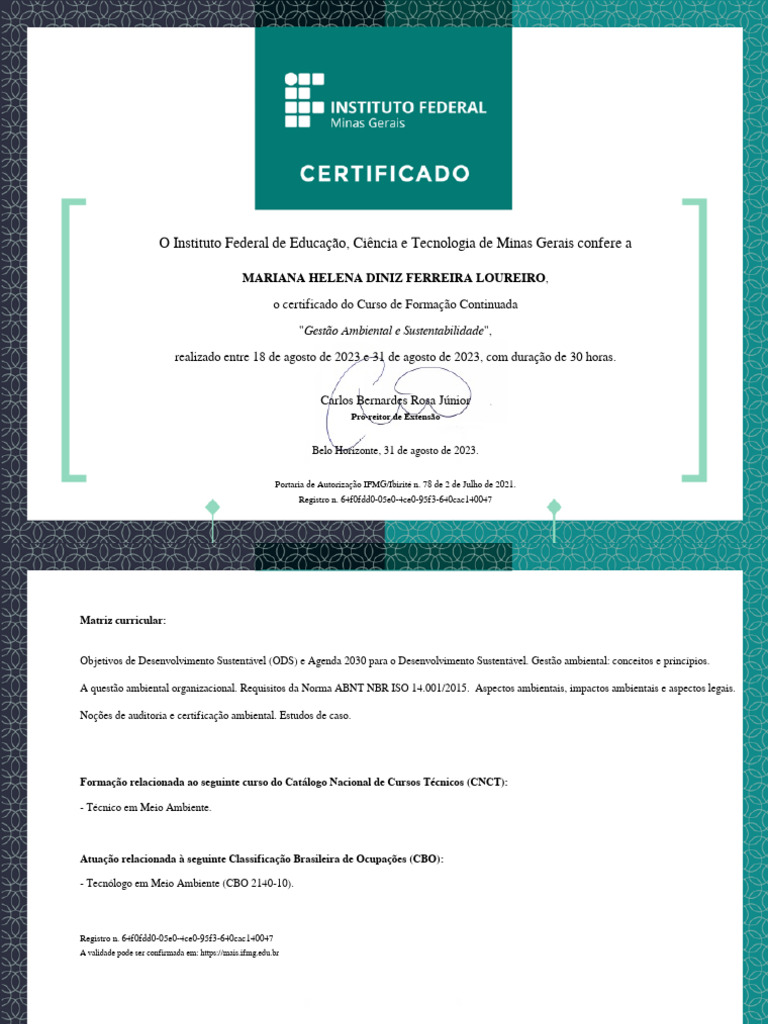 Certificado em Gestão Ambiental IFMG | PDF