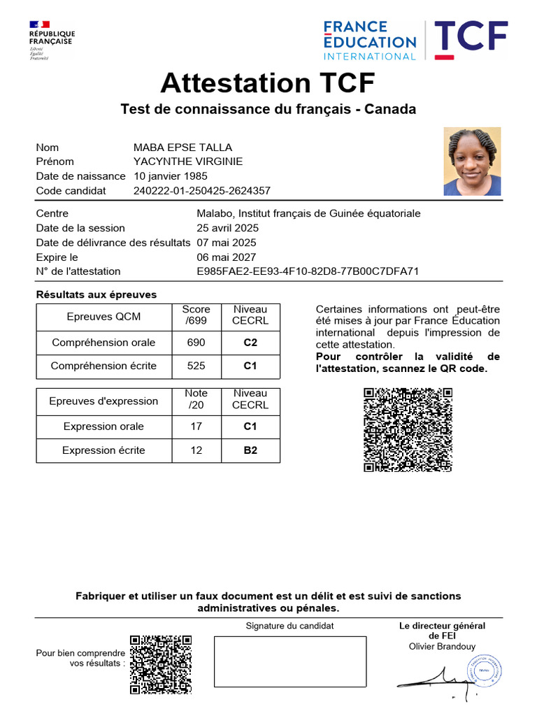 Attestation TCF de Yacynthe Virginie | PDF