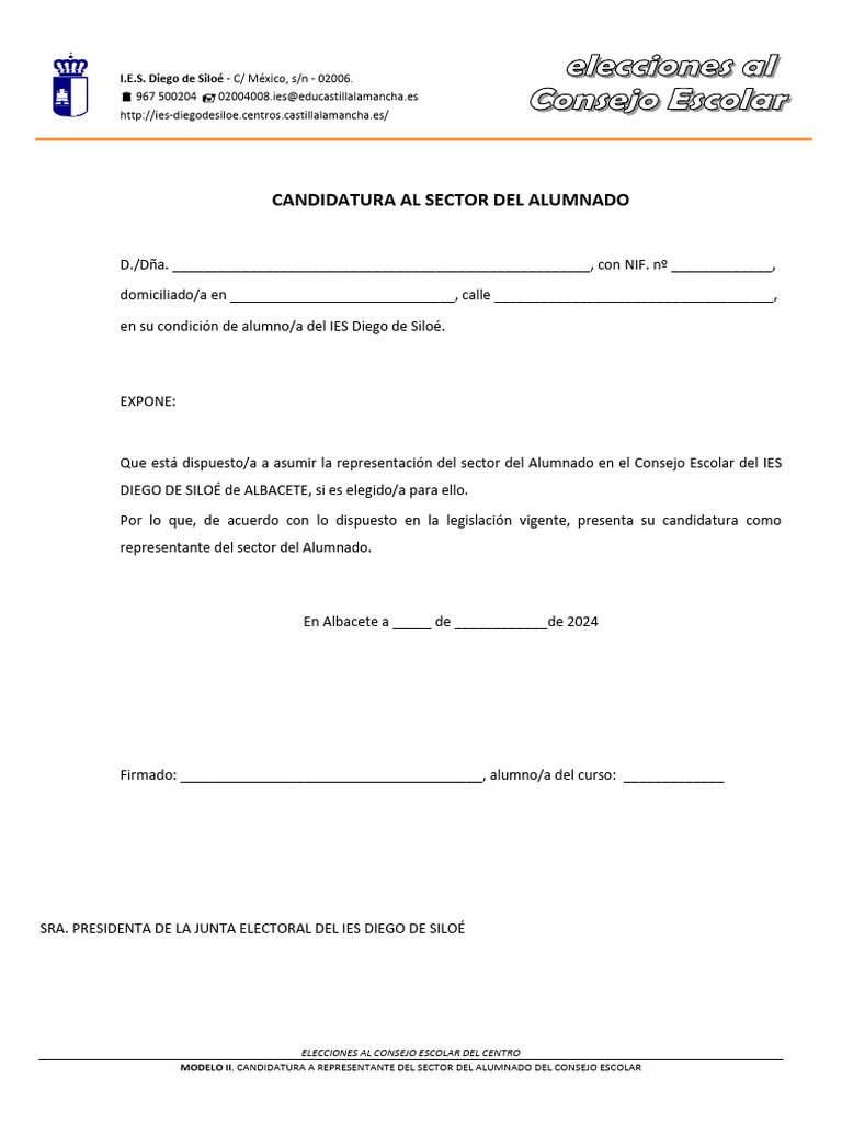 Candidatura Alumnado Consejo Escolar IES | PDF