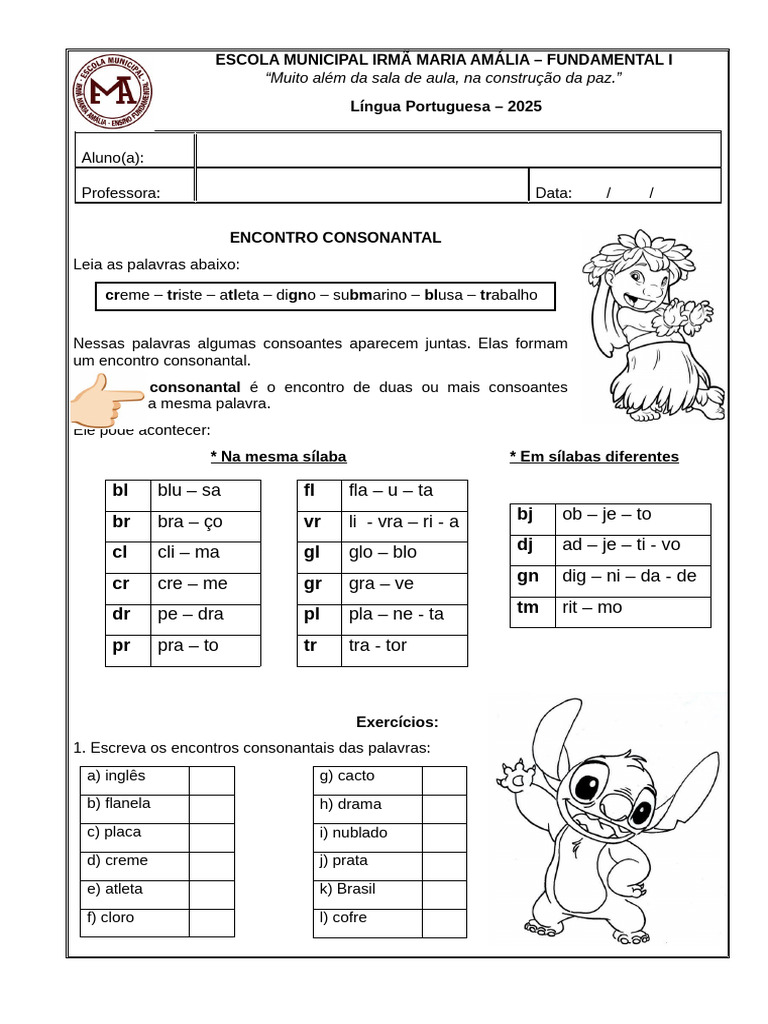 Atividades sobre Encontro Consonantal | PDF | Linguística | Famílias ...