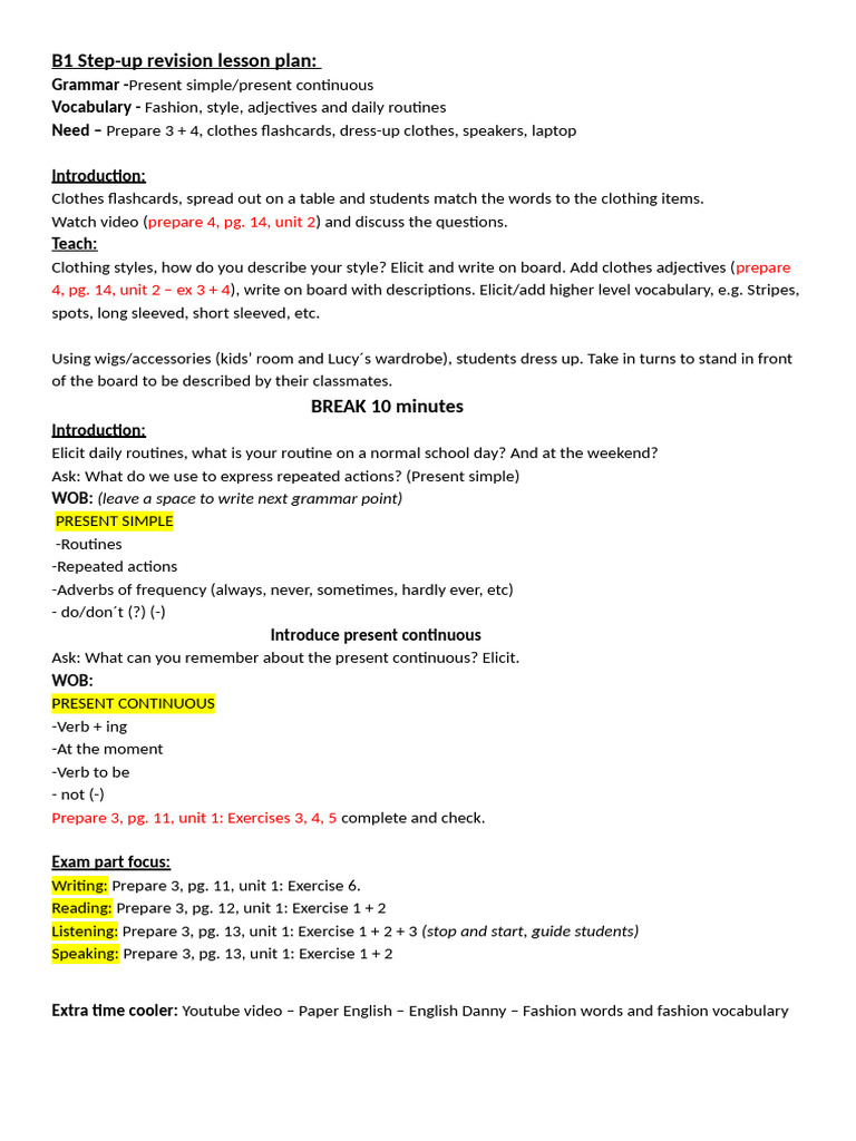 NEW B1 Review Plan Present Tenses | PDF