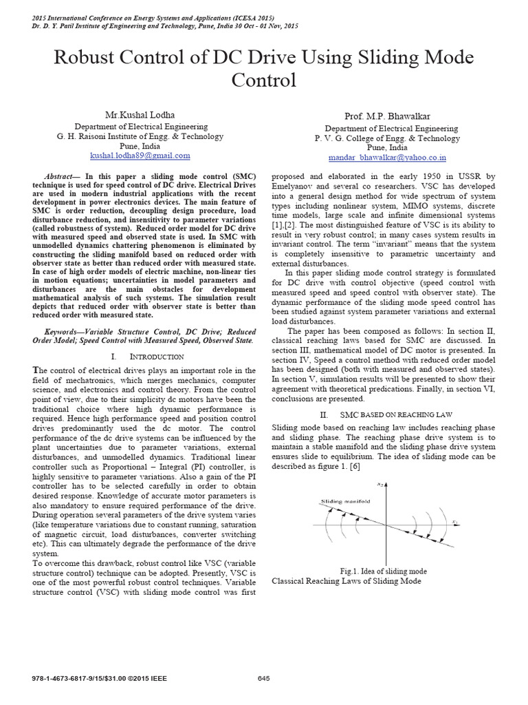Robust Control of DC Drive Using Sliding Mode Control | PDF | Electric ...