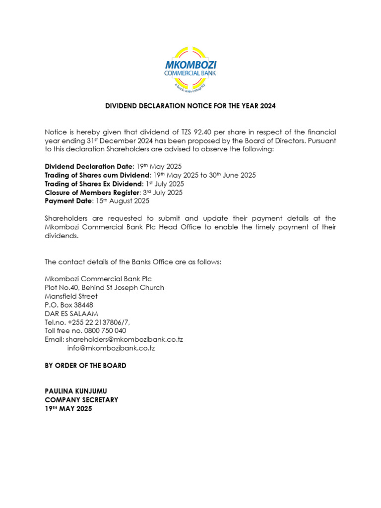 2024 Dividend Declaration Notice | PDF