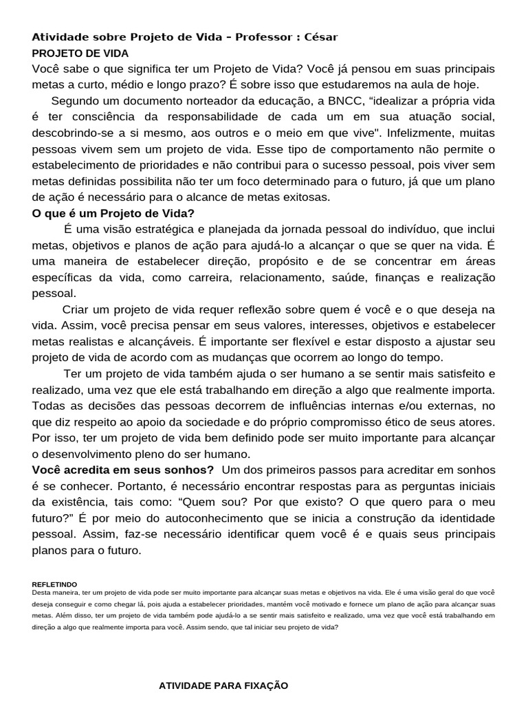 Importância do Projeto de Vida | PDF | Vida | Motivação