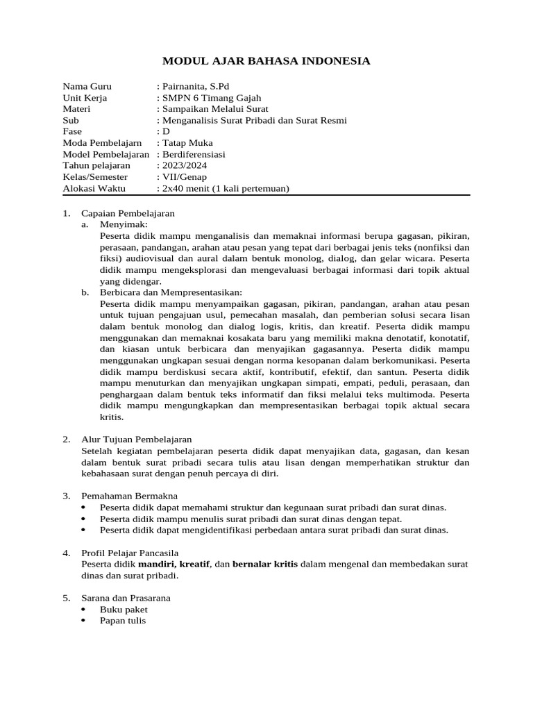 Modul Ajar Bahasa Indonesia Kelas 3 SD | PDF
