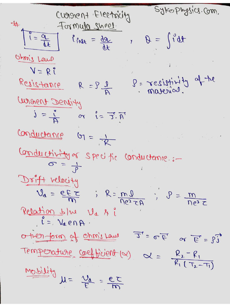 Formula Sheet Current Electricity Class 12 Physics | PDF