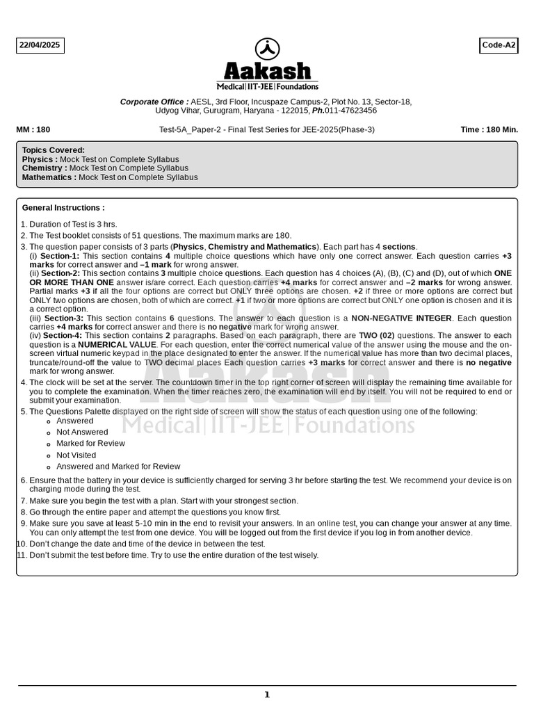 JEE 2025 Final Test Series Paper 2 | PDF | Drop (Liquid) | Chemistry