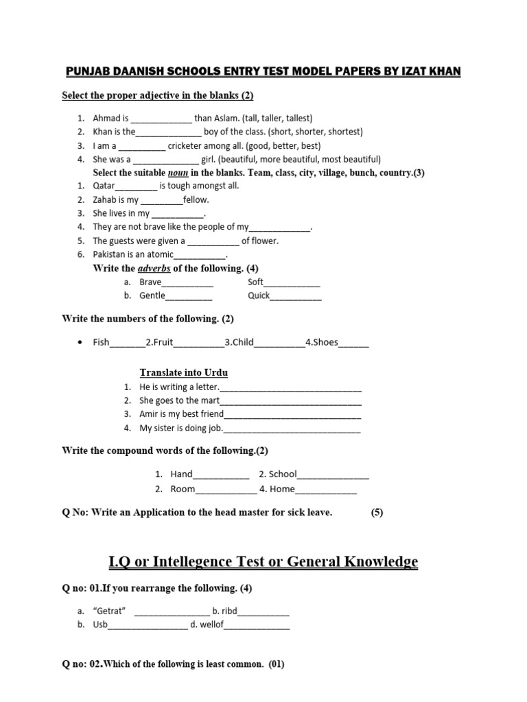 5th Class Danish School Entry Test Papers | PDF | Semantic Units | Syntax